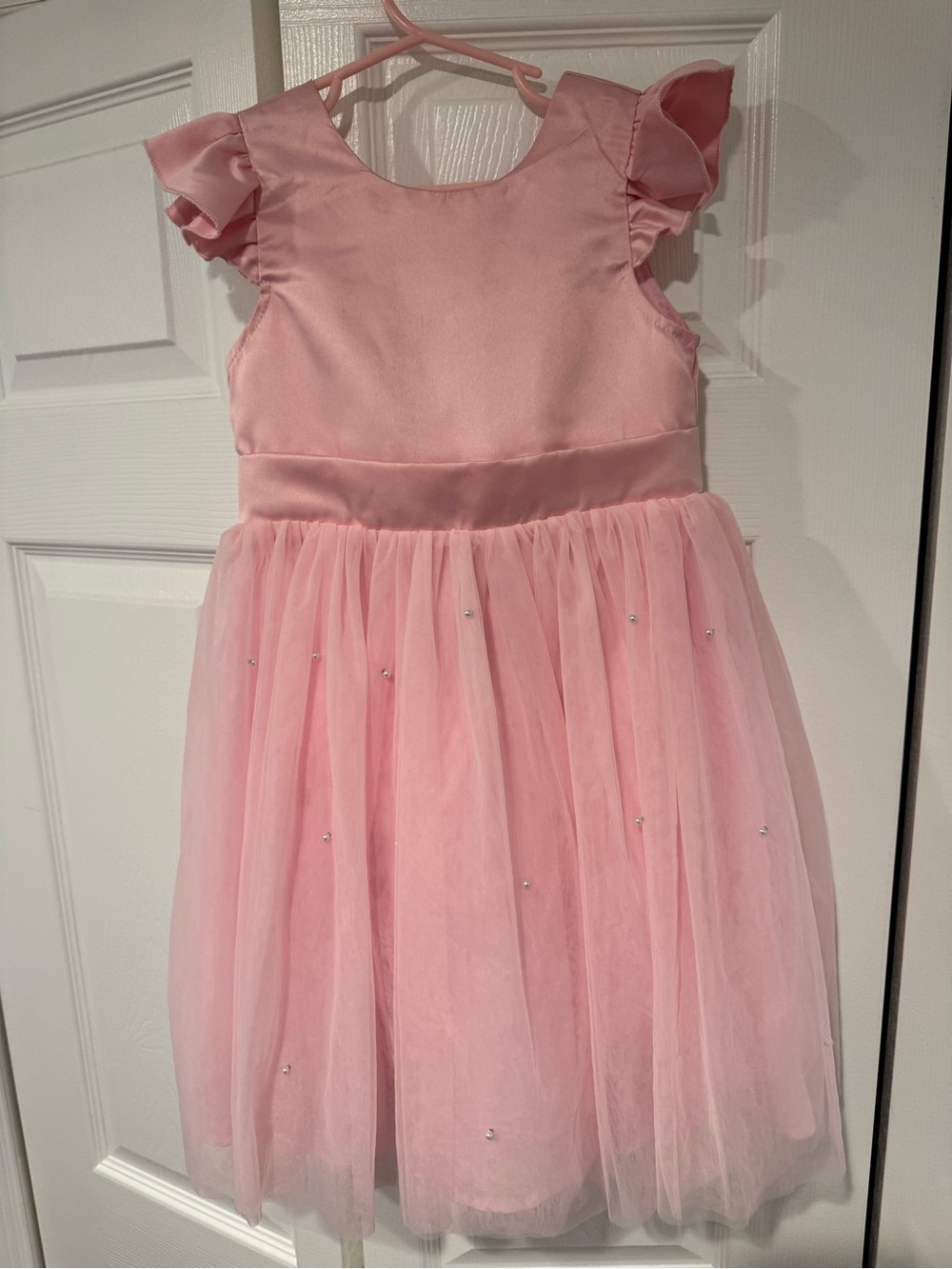 JJs House Pink Satin & Tulle Party Dress with Ruffle Cap Sleeves